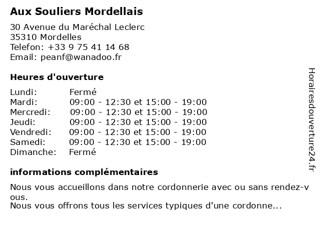 Horaires d ouverture Aux Souliers Mordellais 30 Avenue du